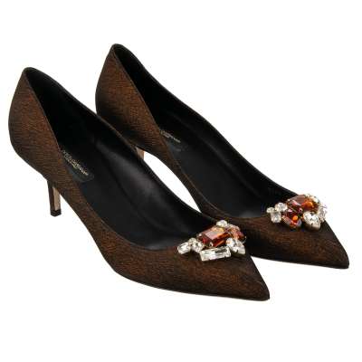 Crystal Brooch Jacquard Heels Pumps BELLUCCI Brown 41 US 11