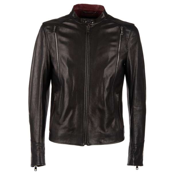 Nappa Leather Biker Style Jacket with zips applications and zip pockets and logo plate by DOLCE & GABBANA