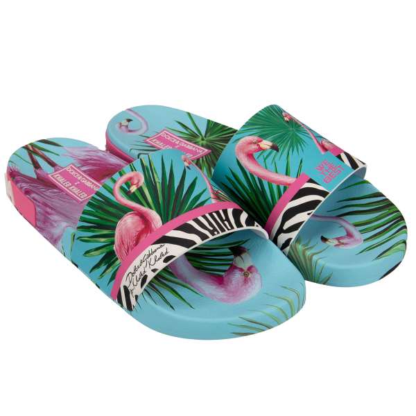 Slides Sandalen mit Flamingo, Pflanzen, Zebra und Logo Print und Logo Einsätzen an der Sohle von DOLCE & GABBANA - DOLCE & GABBANA x DJ KHALED Limited Edition