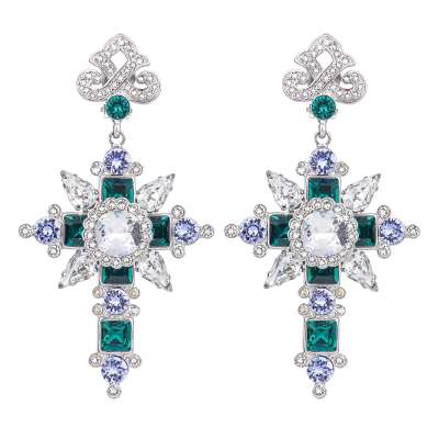 Baroque Crystal Cross Earrings Green White Purple Silver