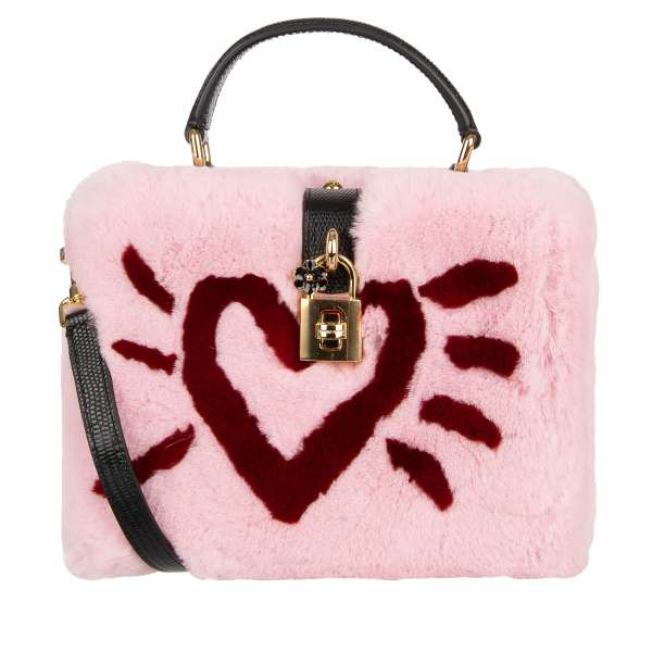 Unique rabbit fur and leather clutch / shoulder bag DOLCE BOX with D&G Logo, Heart and decorative padlock by DOLCE & GABBANA