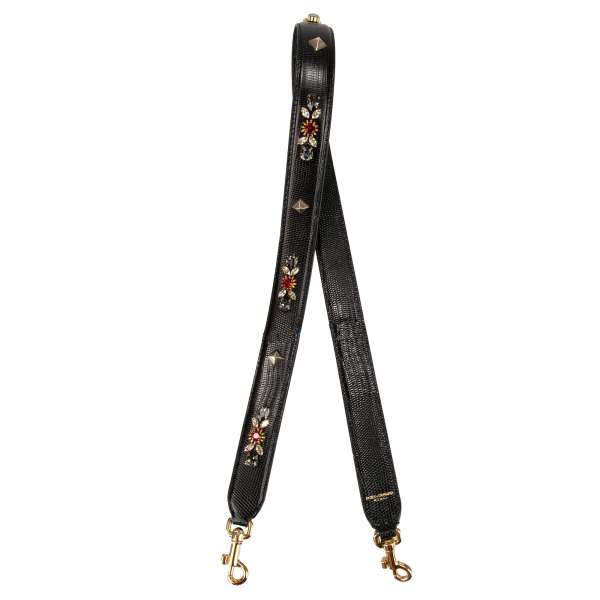 Lizzard Pattern Dauphine calf leather bag Strap / Handle with crystals and studs applications in black and gold by DOLCE & GABBANA
