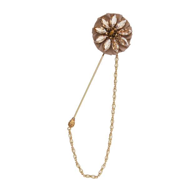 Men Brooch / Jacket Lapel Pin with flower, crystals and chain in beige and gold by DOLCE & GABBANA