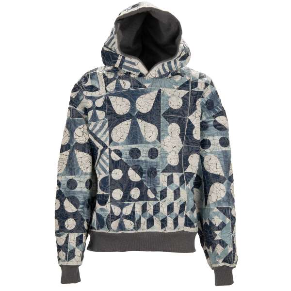 One of a kind Hooded Sweater / Hoodie with ceramic printed cracked color layer in blue and white by DOLCE & GABBANA 
