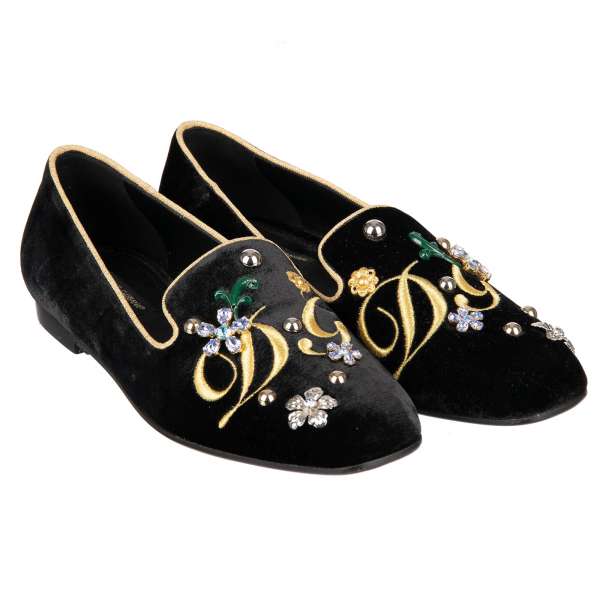 Velvet Ballet Flats JACKIE in black with gold embroidered logo, crystals and studs by DOLCE & GABBANA