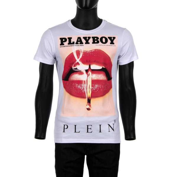 T-Shirt with a graphic print of a magazine cover of Lauren Young's lips at the front and Philipp Plein logo plaque at the back by PHILIPP PLEIN x PLAYBOY