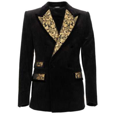 Floral Corduloy Blazer Tuxedo Jacket Black Gold 46 36 S