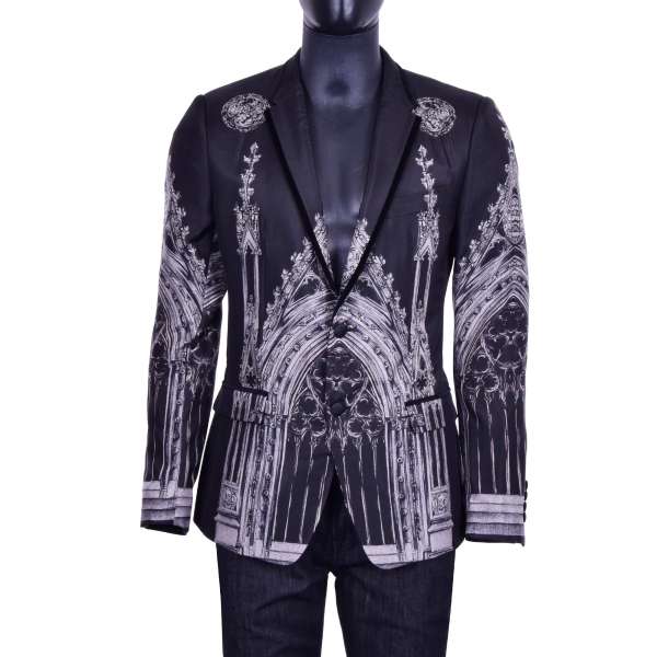 Blazer aus Seide mit gotischem Kathedralen Print und Samt Kanten Revers in Schwarz und Grau von DOLCE & GABBANA Black Label