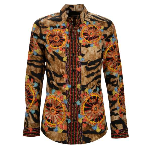 Tiger and Carretto print cotton shirt in brown by DOLCE & GABBANA  - GOLD Line 