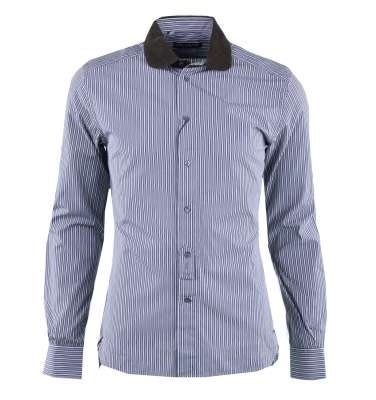 Striped Cotton Cord Shirt SICILIA with Cord Collar White Gray Khaki