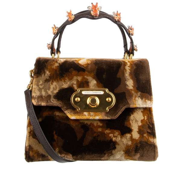 Giraffe printed Tote / Shoulder Bag WELCOME Medium made of velvet with double handle with giraffe heads embellished handle by DOLCE & GABBANA