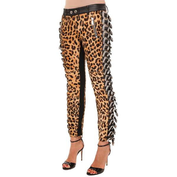 Leopard print calf fur pants with two pockets and leather metal decorative buckles on the side in black and beige by DSQUARED2