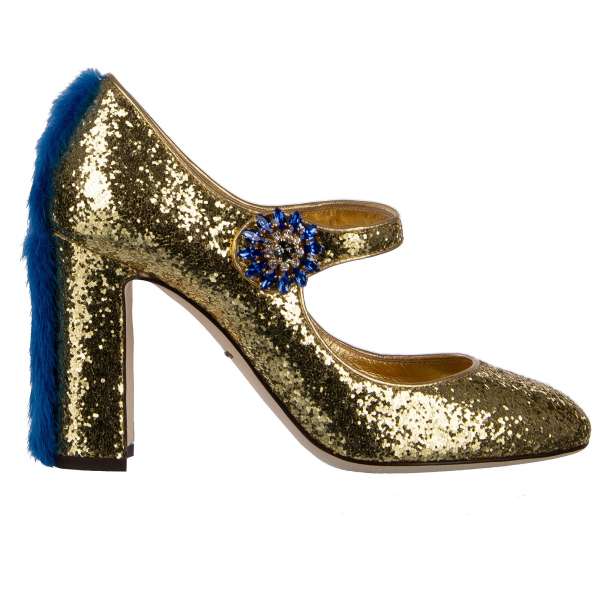 Glitter Design Mary Jane Pumps VALLY embellished with mink fur and crystals buckle by DOLCE & GABBANA Black Label