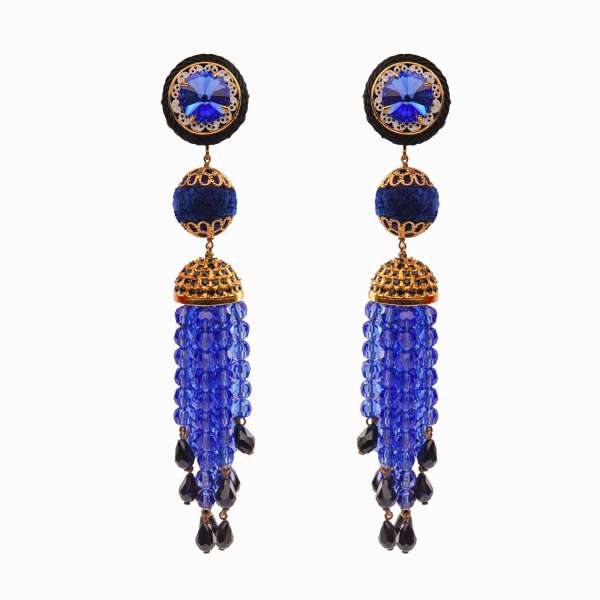 Chandelier Clip Earrings adorned with raffia, filigree elements and crystals in black, blue and gold by DOLCE & GABBANA