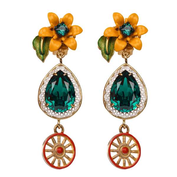 Carretto Filigree Clip Earrings adorned with flower and crystals in yellow, red, gold and green by DOLCE & GABBANA