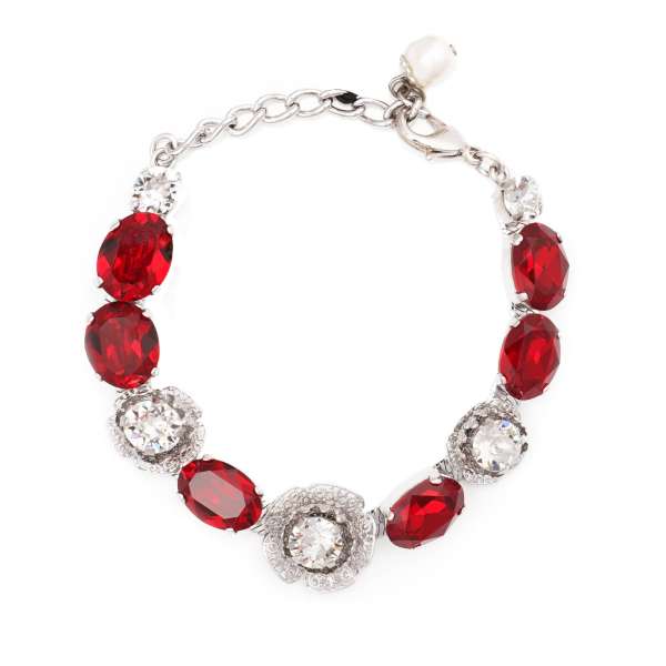 Bracelet embellished with filigree flowers, red crystals and pearl pendant in silver by DOLCE & GABBANA