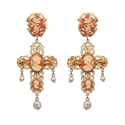 Baroque Filigree Pearl Cameo Crystal Cross Earrings Gold