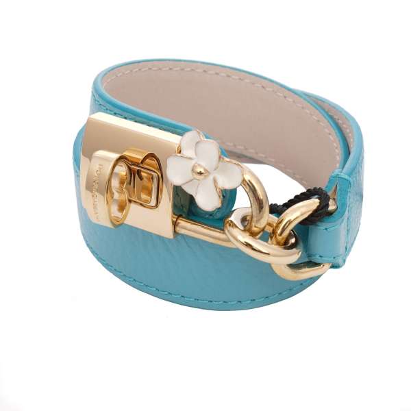 Leather bracelet embellished with DG lock pendant with flower in gold and blue by DOLCE & GABBANA