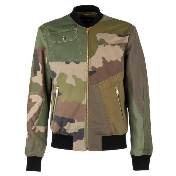 Military Patchwork Canvas Bomber Jacket with a large Logo at the back and knit details by DOLCE & GABBANA