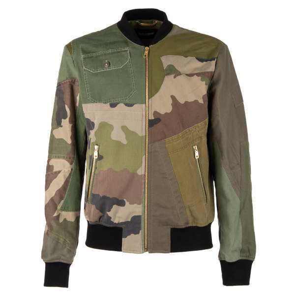 Military Bomberjacke aus Patchwork Canvas mit großem Logo am Rücken und Strick Details von DOLCE & GABBANA