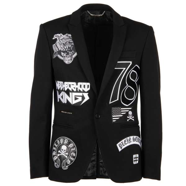 Blazer / Jacket GLORIA mit bestickten Patches in Schwarz und Weiß und Logo vorne von PHILIPP PLEIN