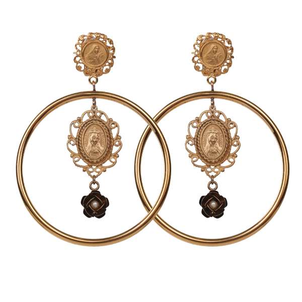 Hoop Clip Earrings adorned with Madonna and pearl rose pendants in gold by DOLCE & GABBANA