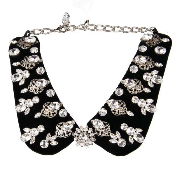 Velvet chocker collar necklace with filigree details, crystal elements in silver and black by DOLCE & GABBANA