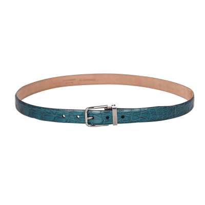 Metal Buckle Croco Leather Belt Blue Silver 95 38