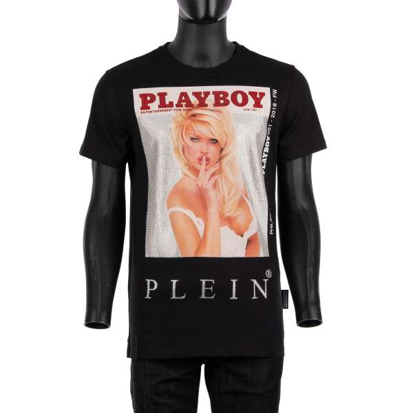 T-Shirt with a crystals graphic print of a magazine cover of of Victoria Silvstedt at the front and crystals embellished PLAYBOY PLEIN lettering printed at the back by PHILIPP PLEIN x PLAYBOY
