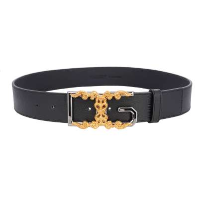 DG Baroque Logo Metal Buckle Leather Belt Black Gold Silver 85 34