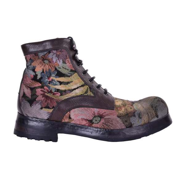 Stiefeletten SAN PIETRO aus gebürstetem Kalbsleder und Stoff mit floraler Stickerei von DOLCE & GABBANA Black Label