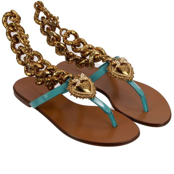 Patent Leather Sandals INFRADITO embellished with DG DEVOTION pearl Heart and chain in gold and blue by DOLCE & GABBANA 