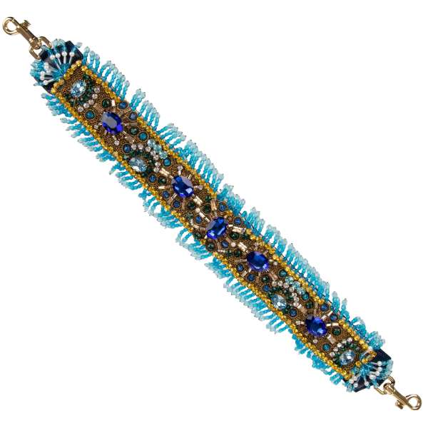 Schulterriemen für Tasche aus Baumwolle und Raffia in Blau und Gold verziert mit Perlen und Kristallen Handstickerei von DOLCE & GABBANA