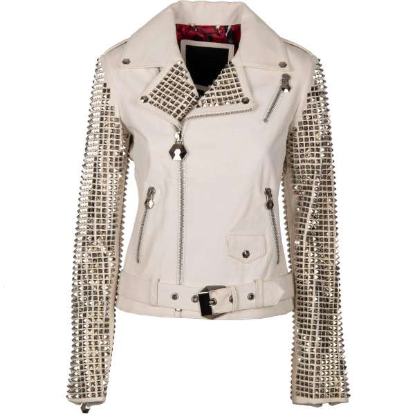 Leather Jacket EAGLE embellished with studs and American flag crystal Eagle on the back in white by PHILIPP PLEIN COUTURE