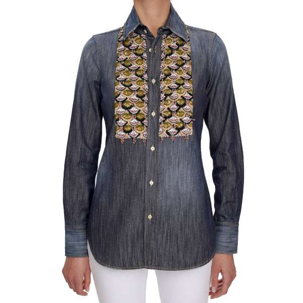 Western style Jeans / Denim Shirt with hand made pearls, tulle and crystals embroidery with tassels in blue by DSQUARED2