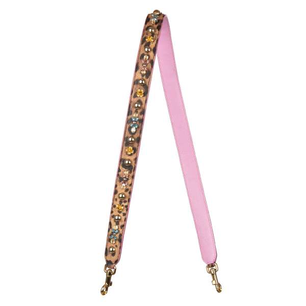Dauphine leather bag Strap / Handle with golden studs, crystals and flower applications in leopard print and pink by DOLCE & GABBANA