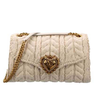 Knitted Crochet Shoulder Bag DEVOTION Large with Jeweled Heart White