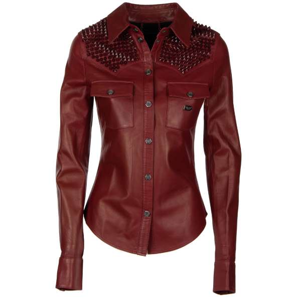 BE REAL Leather Shirt / Jacket with studded elements in bordeaux by PHILIPP PLEIN COUTURE