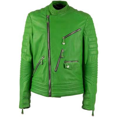Biker Leather Jacket BREATHE with Logo and Zip Pockets Green L