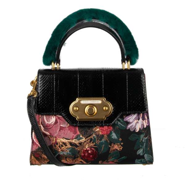 Snakeskin and Baroque style Lurex Brocade Tote / Shoulder Bag WELCOME with double handle, fir trim and floral design by DOLCE & GABBANA
