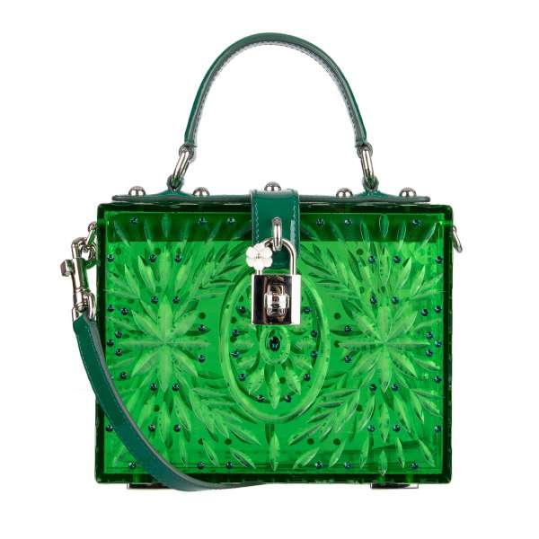 Mit Kristallen beschmückte Handtasche / Schultertasche / Clutch DOLCE BOX Cinderella aus Plexiglas mit Blumen Textur und dekorativem Schloss mit Blume von DOLCE & GABBANA