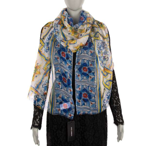 Majolica Printed Silk Scarf / Foulard  with frays by DOLCE & GABBANA Black Label