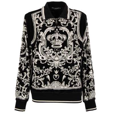 Velvet Sweater with DG Heraldry and Crown Print Black White