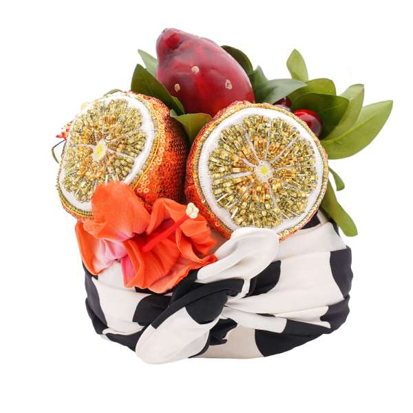 Sicily Scarf wrap Hat with hand-embroidered crystal and sequins oranges, cherries and flowers by DOLCE & GABBANA 