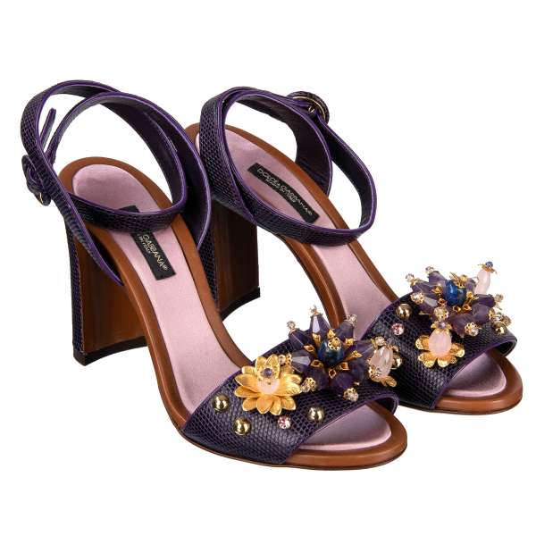 Lizard structured leather strap heeled sandals with floral pearls, crystals, metal and studs embellishments in purple by DOLCE & GABBANA Black Label