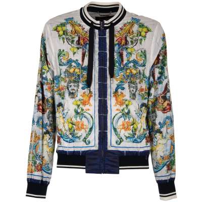 Bomberjacke mit Majolika Barock Print und Taschen Blau Weiß