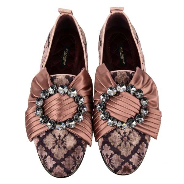 Jacquard Ballet Flats Shoes YOUNG QUEEN in pink with Crystals Ribbon Brooch by DOLCE & GABBANA