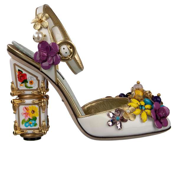 Patent Leather Pumps VALLY with tile-inspired hand painted floral heel, golden brass baroque decorations and crystals, pearls and leather applications by DOLCE & GABBANA