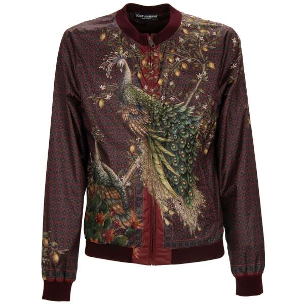  Peacock and lemon printed bomber jacket with pattern in bordeaux and green by DOLCE & GABBANA