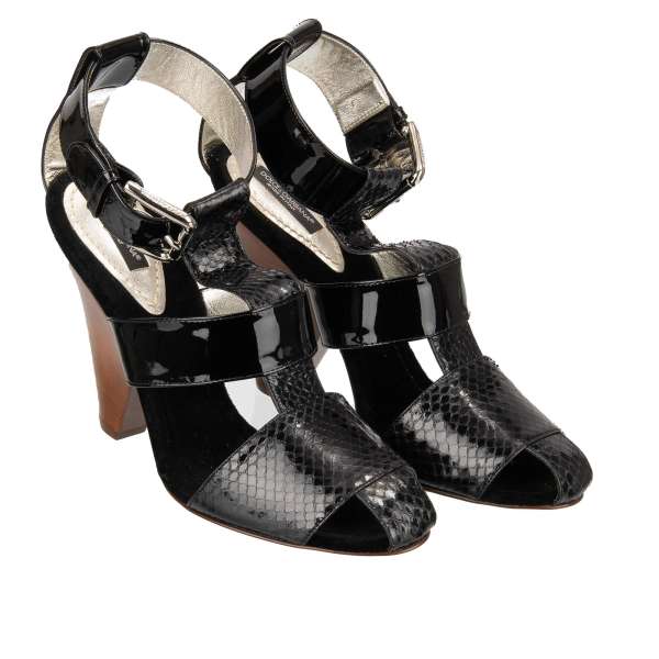 Snake and patent leather Heels Sandals with straps in black by DOLCE & GABBANA